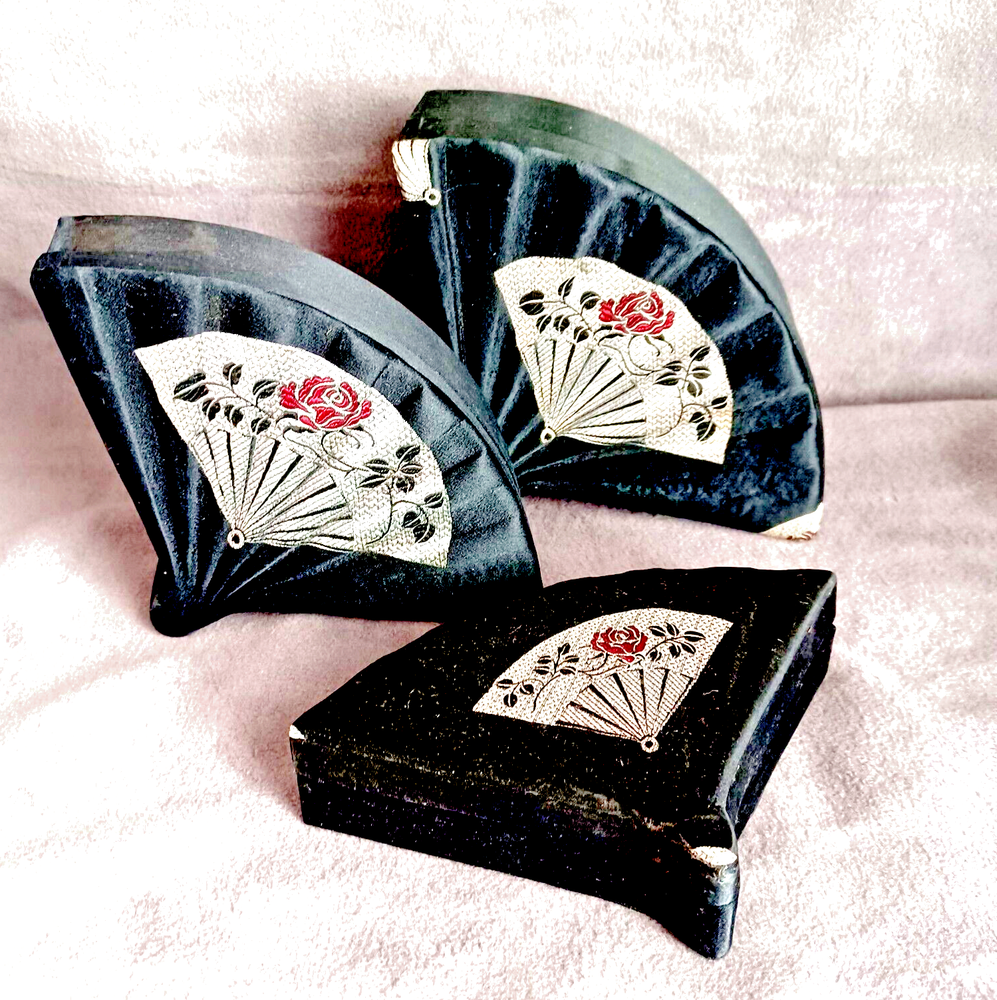Nesting Set of 3 Trinket Boxes Fan Shaped Brocade Silk Hand Made Vintage RARE