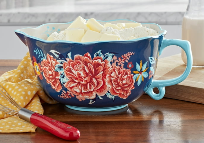 Pioneer Woman Keepsake Floral Ceramic Batter Bowl with Spout – Vibrant Blue Design, Perfect for Mixing, Pouring, and Serving – Brand New