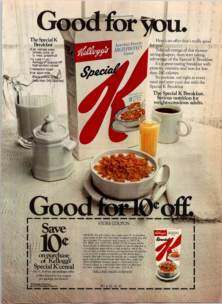 PRINT AD 1976 Kelloggs Special K Breakfast Cereal w 10 Cent Coupon-image
