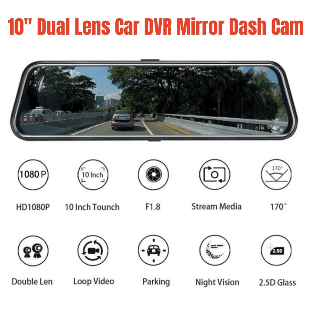 10in Dual Lens Car DVR Mirror Dash Cam Recorder Rear View Camera Parking Monitor