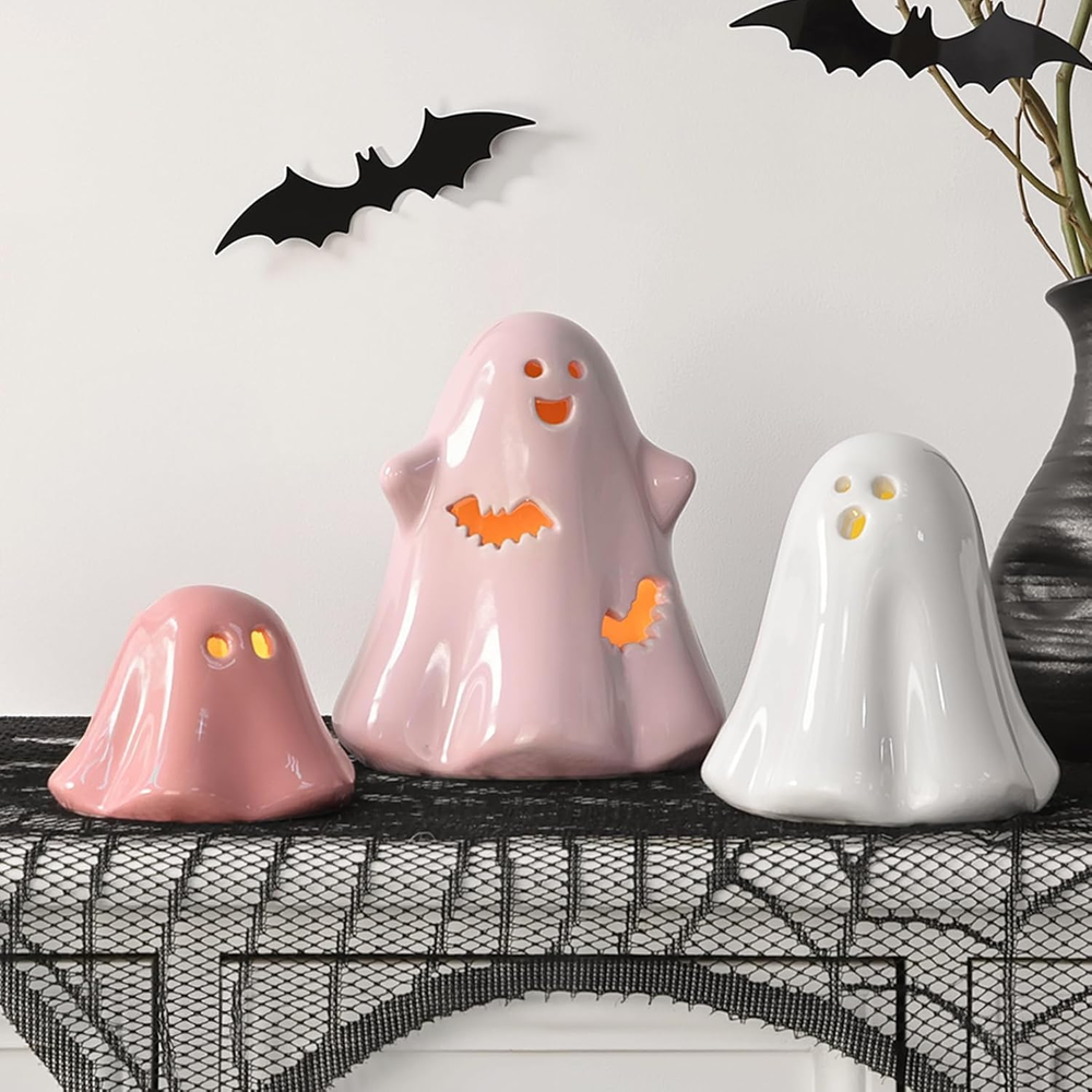 Halloween Ghost Decorations Indoor: Set of 3 Light up Ceramic White Pink Hallowe