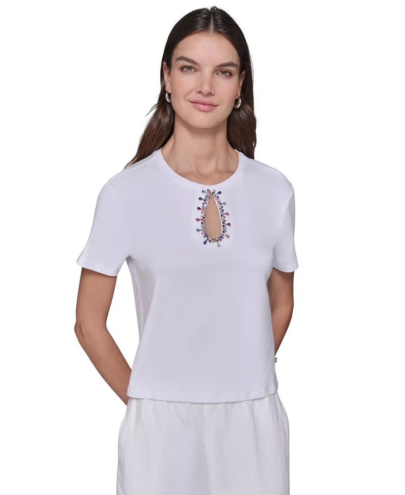 KARL LAGERFELD PARIS Women's Top Sz XL Cutout Embellished Tee