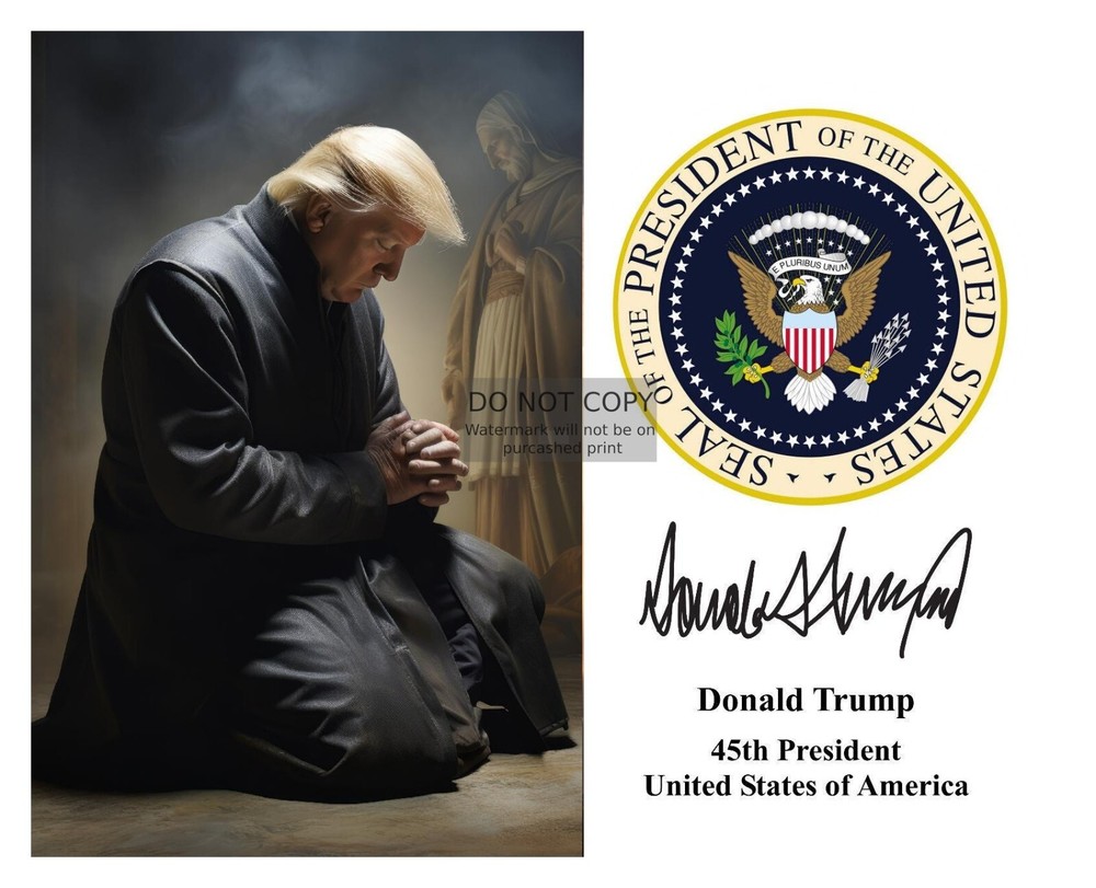 PRESIDENT DONALD TRUMP KNEELING DOWN & PRAYING PRESIDENTIAL SEAL 8X10 AI PHOTO