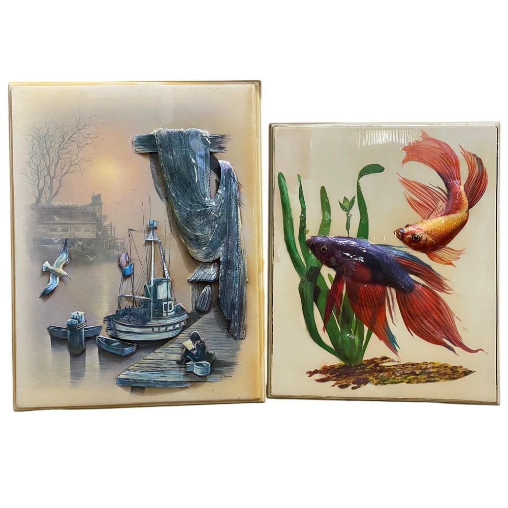 Vintage A. Bruno 3D Wall Art Set - Fishing Dock and Betta Fish Scenes