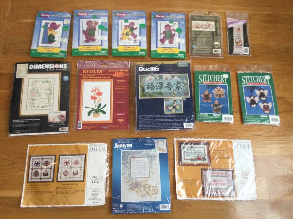 DE-STASH LOT Vintage CROSS STITCH KITS Bucilla Dimensions Janlynn Barney NOS