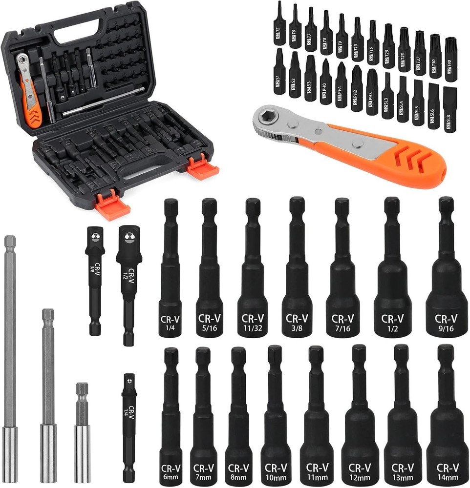 47-Piece SAE & Metric Magnetic Nut Driver Set for Impact Drills with Socket Adapters