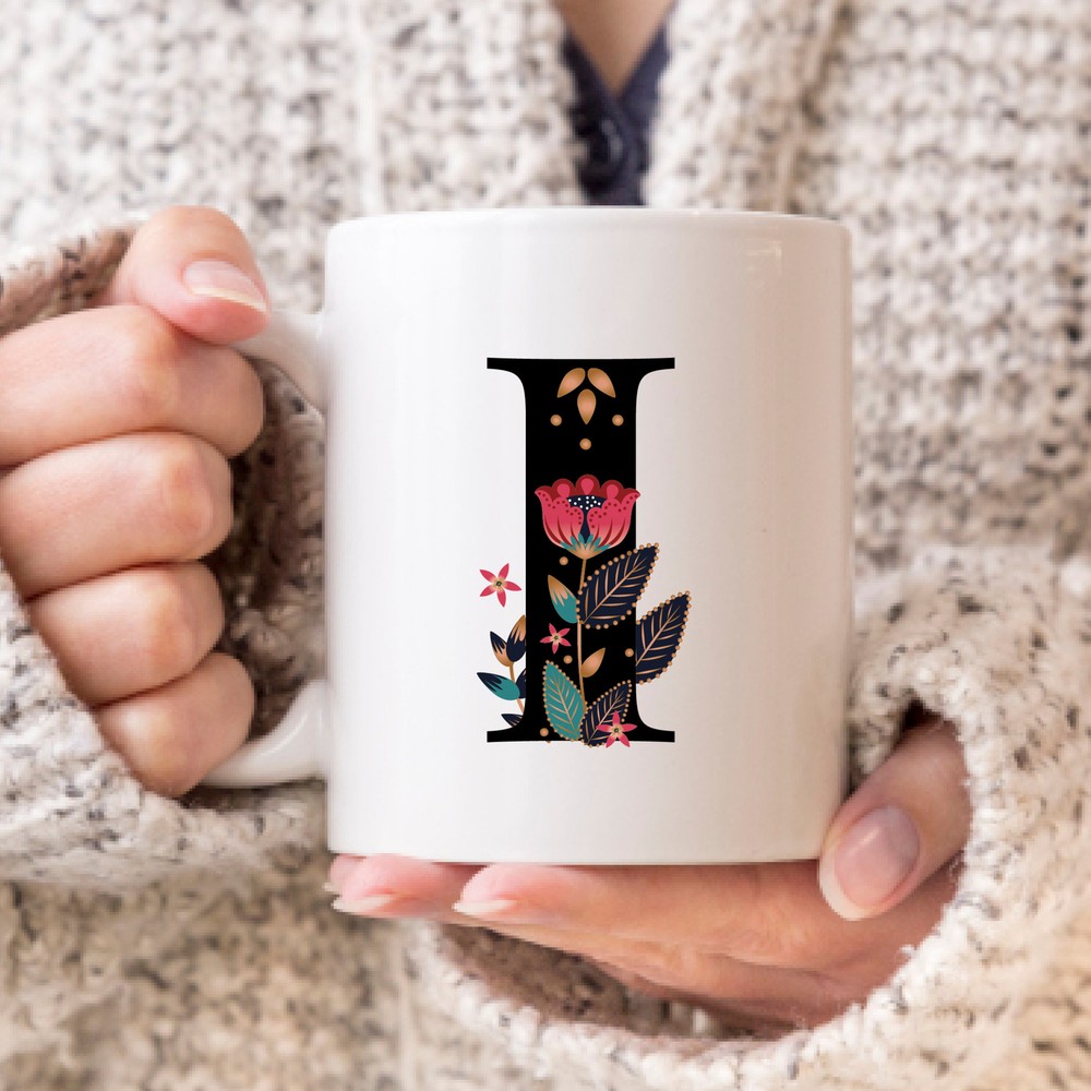 Personalized Letter I Monogram Coffee Mug - Folk Art Christmas Gift For Friend  