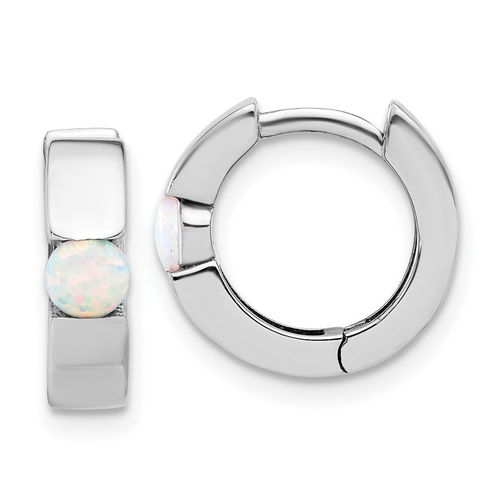 Sterling Silver Polished Lab Created Opal Hinged Round Hoop Earrings 2.93gm