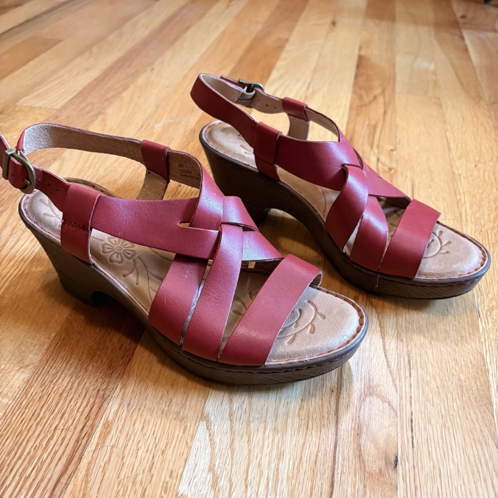 Born Carmo Red Leather Criss Cross Strappy Sandals Wedge Heels US Size 8 Med