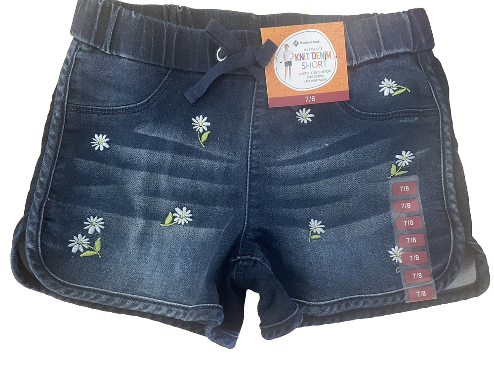 MM Girls Size 7/8 Daisy Print Denim Stretch Shorts NWT-image