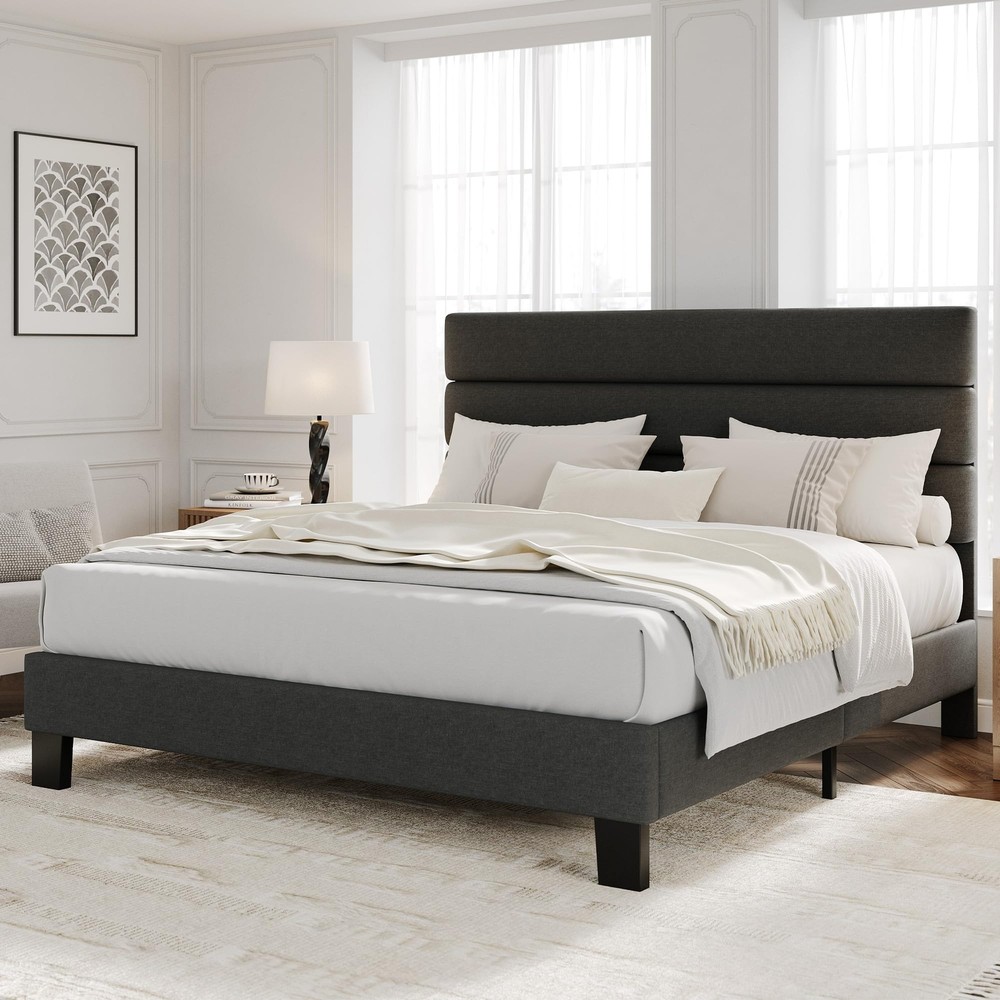Full Size Bed Frame with Linen Upholstered Headboard and Sturdy Platform Base  -image