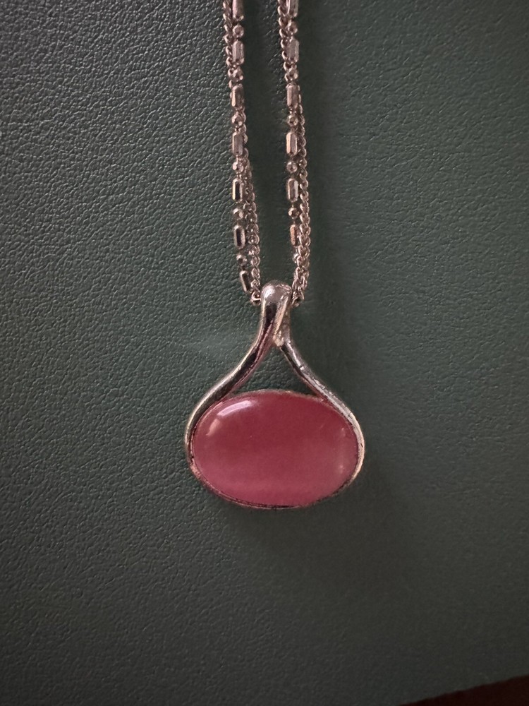 Pink Cats Eye Necklace Slider Enhancer Acrylic Pendant Silver Tone Double Chain