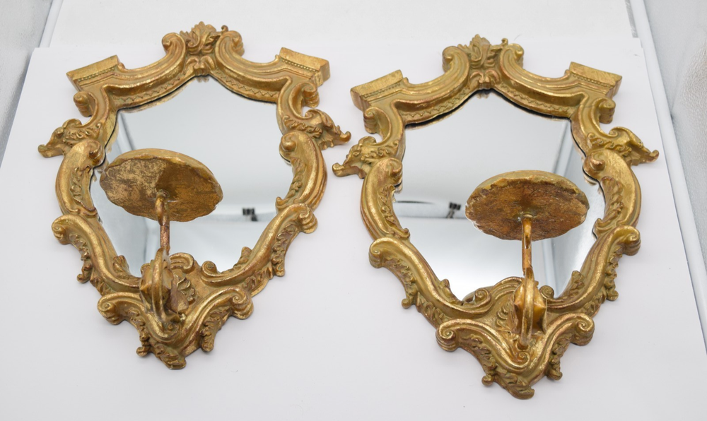 Vintage Italian Gilt Gold Wall Mirror Sconce Candle Holder Pair Baroque Decor