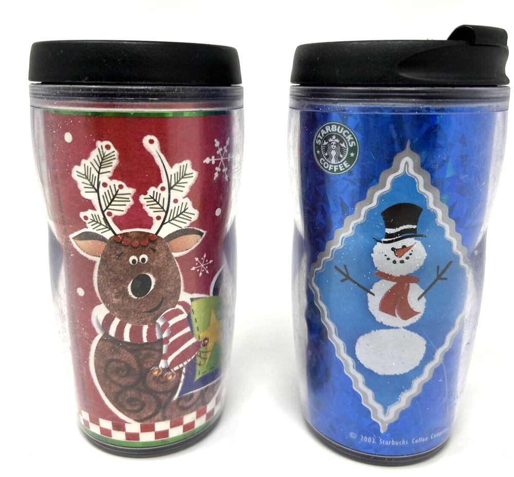 VTG 2001 Starbucks Barista Christmas 8oz Lidded Mugs Set of 2
