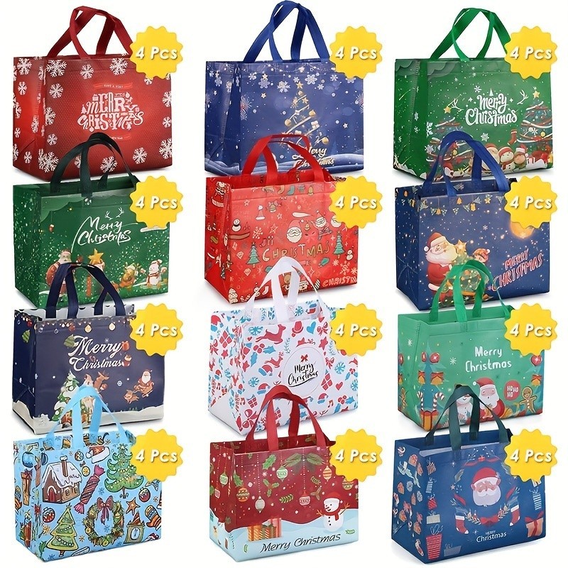 48PCS Christmas Reusable Grocery Tote Bags with Festive Holiday Designs Gift US