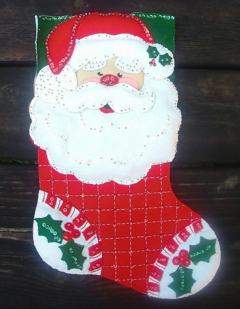 FINISHED Bucilla Happy Santa Claus Face Felt Stocking From Kit # 84819 Sequins