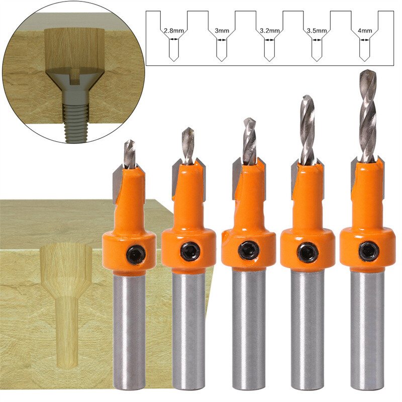 5pcs 8mm Shank Woodworking Countersink Drill Set with Screw Extractor Bit for Carpentry