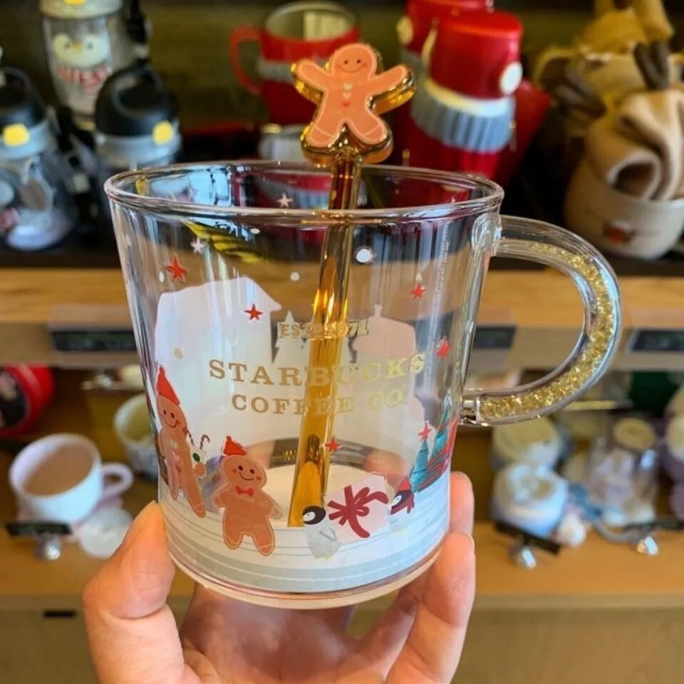 Starbucks Christmas Gingerbread Man Color-Changing Glass Coffee Mug with Stir Stick