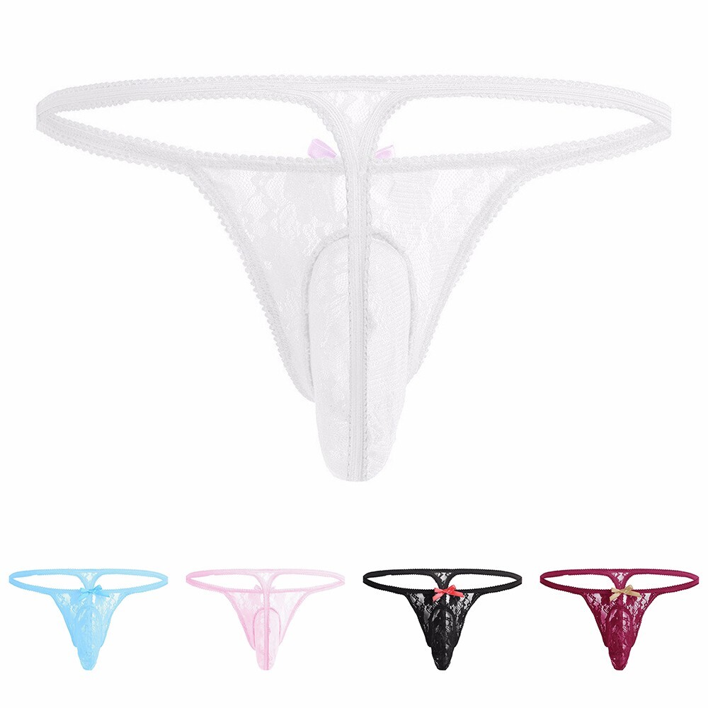 Men Sexy Mesh Breathable Bow Big-Pouch Lace G-String Thong Briefs Sissy Panties