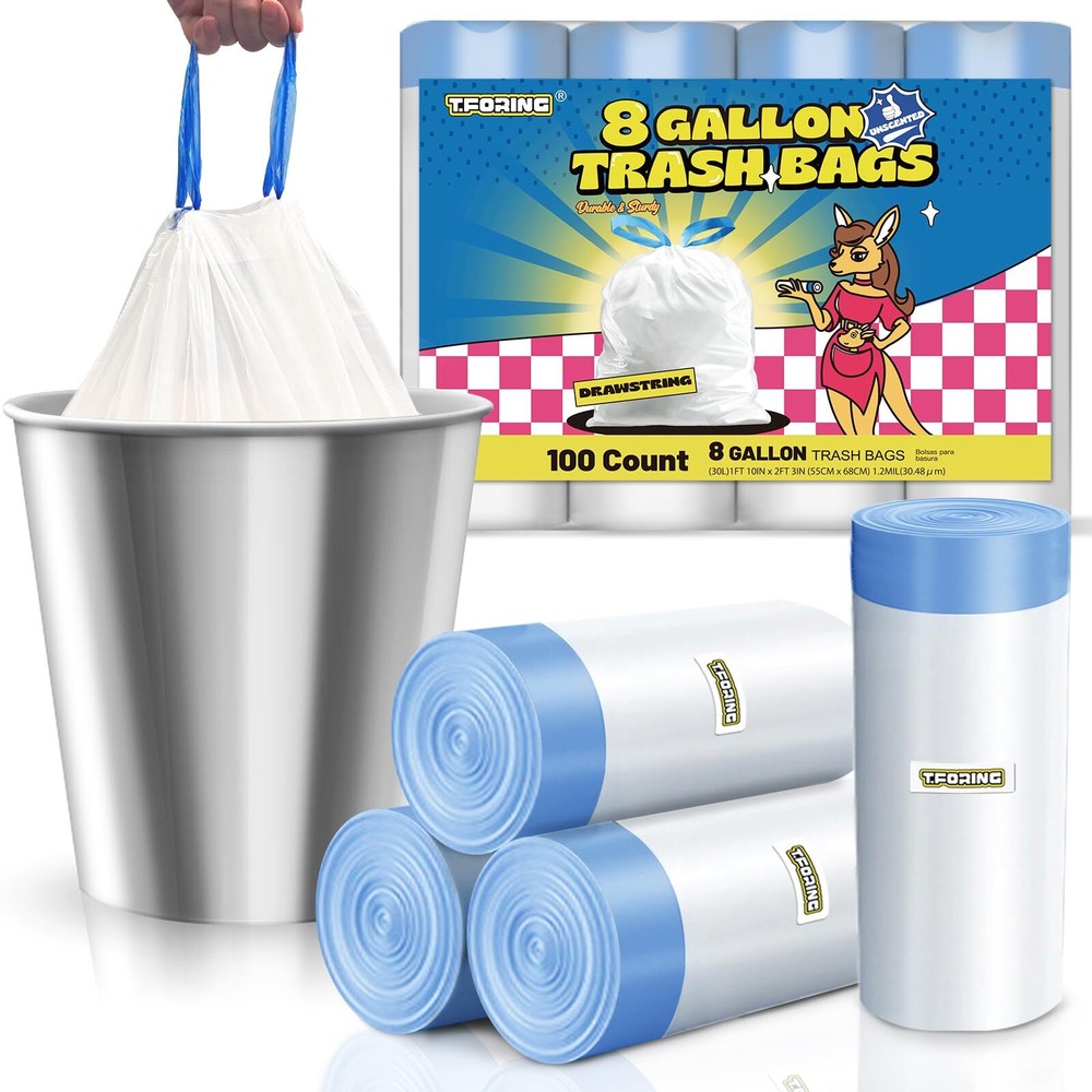 8 Gallon Trash Bags Drawstring 1.2 Mil - 100 Count White Medium Garbage Bags ...