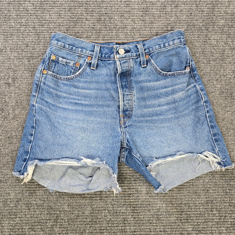 Levi's 501 Shorts Womens W29 Blue Distressed Cutoff High Rise Raw Hem