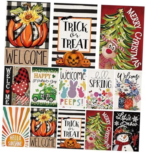 Seasonal Garden Flag Set of 10 Double Sided Burlap 12x18 Inch, Small Garden-image