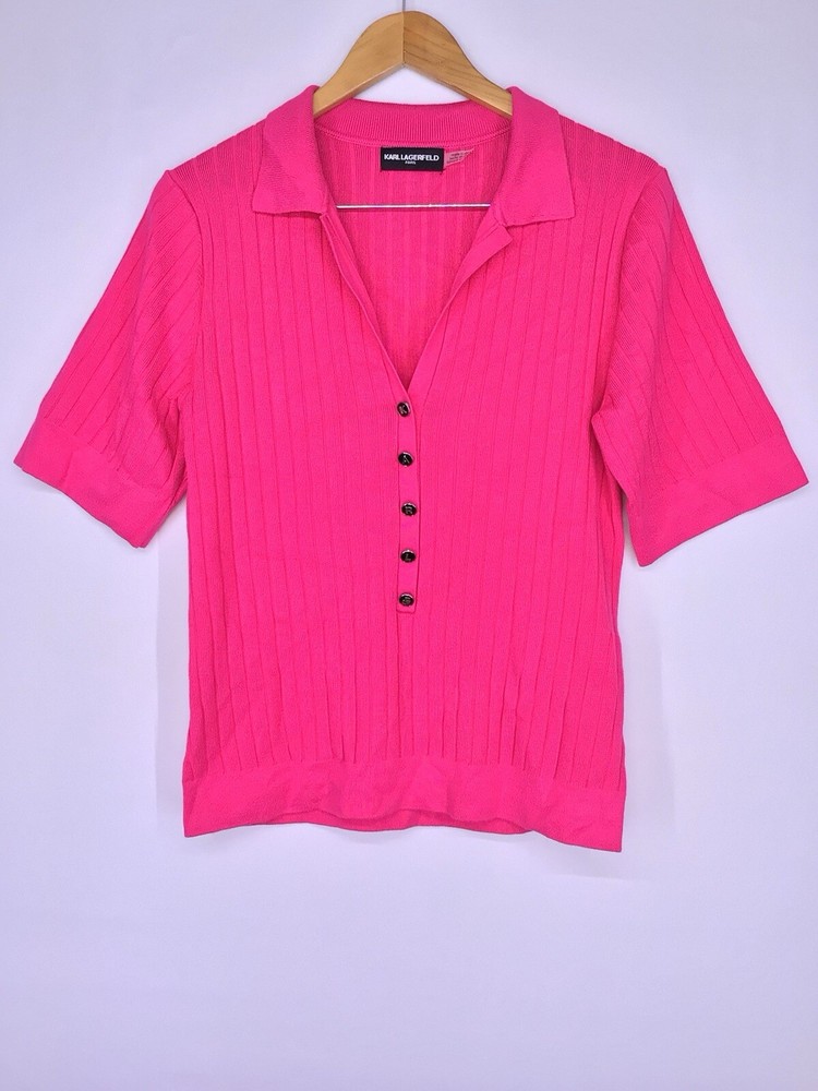 Karl Lagerfeld Paris Ribbed V-Neck Short Sleeve Button Front Sweater