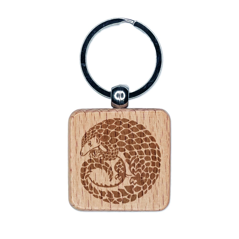 Curled Cute Pangolin Engraved Wood Square Keychain Tag Charm