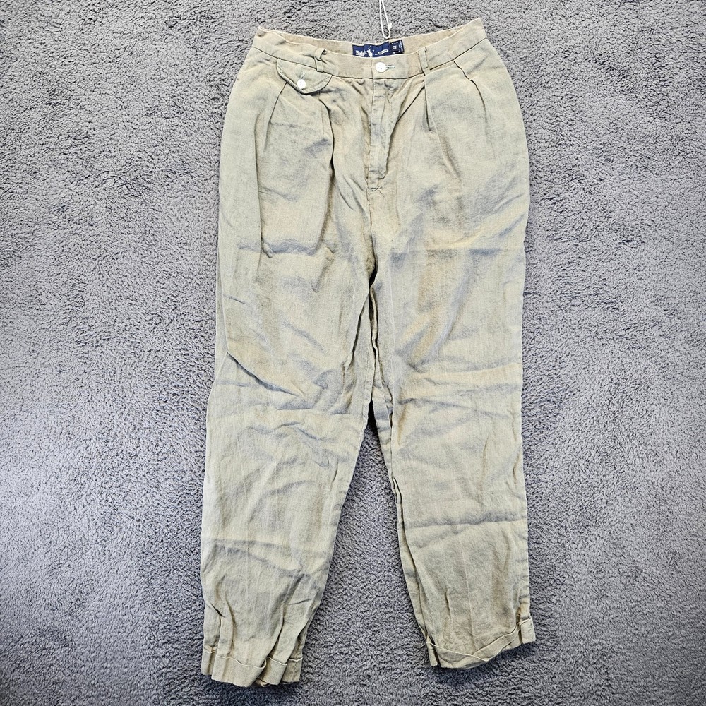Ralph Lauren Linen Pants Womens Size 12 Green Cuffed pleated Front
