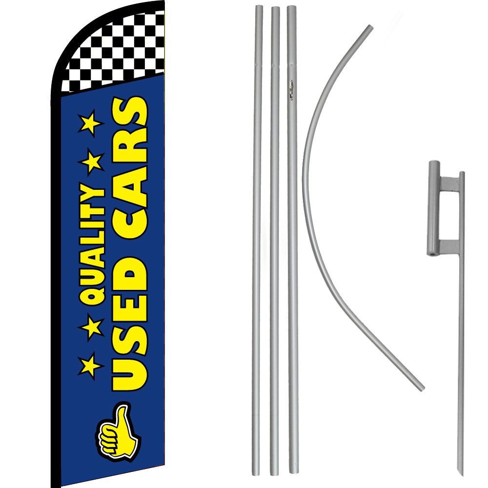 Quality Used Cars Blue Windless Banner Flag & 16' Flagpole Kit /Ground