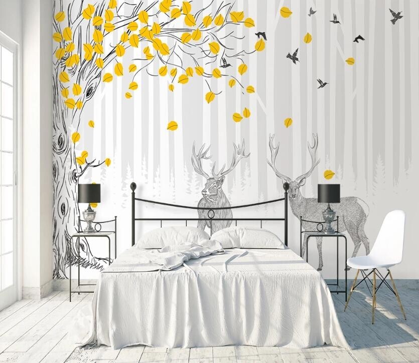 3D Yellow Leaves ZHUA26285 Wallpaper Wall Murals Removable Self-adhesive Ann