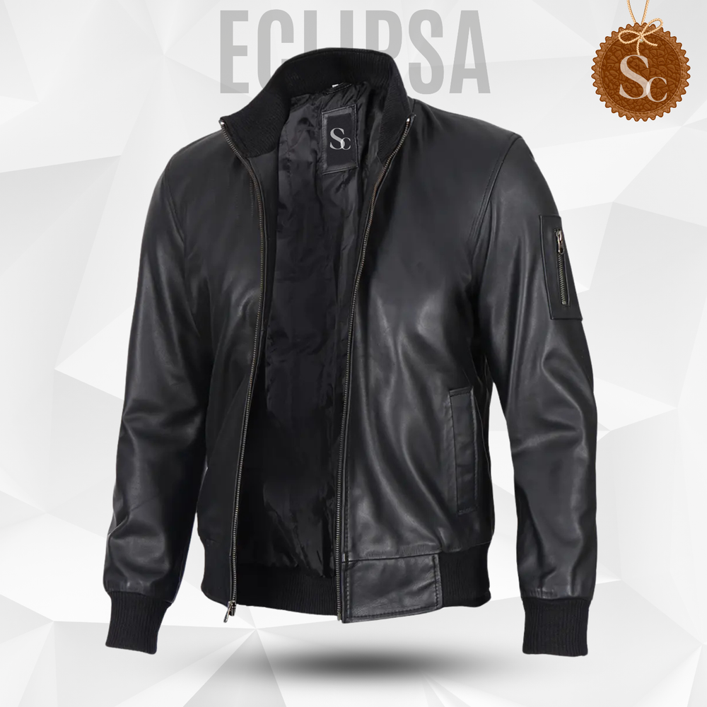 Men's Black Real Lambskin Leather Bomber Jacket