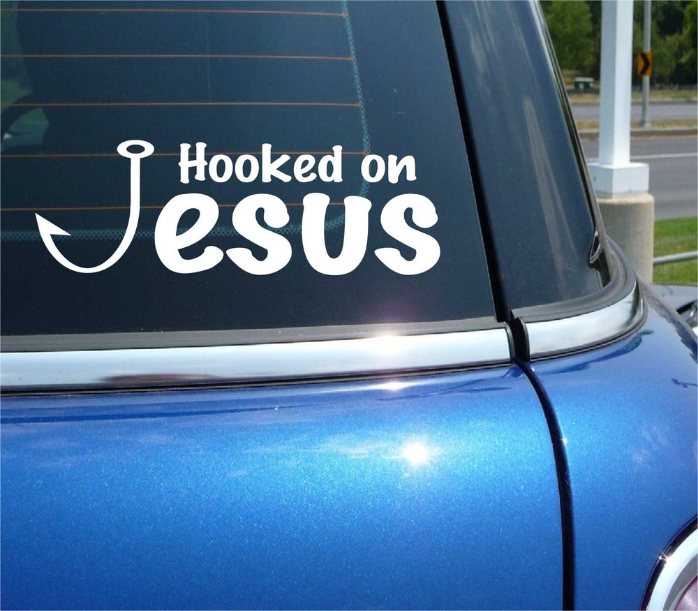 HOOKED ON JESUS CHRISTIAN RELIGIOUS FUNNY GRAPHIC DECAL STICKER CAR DECOR