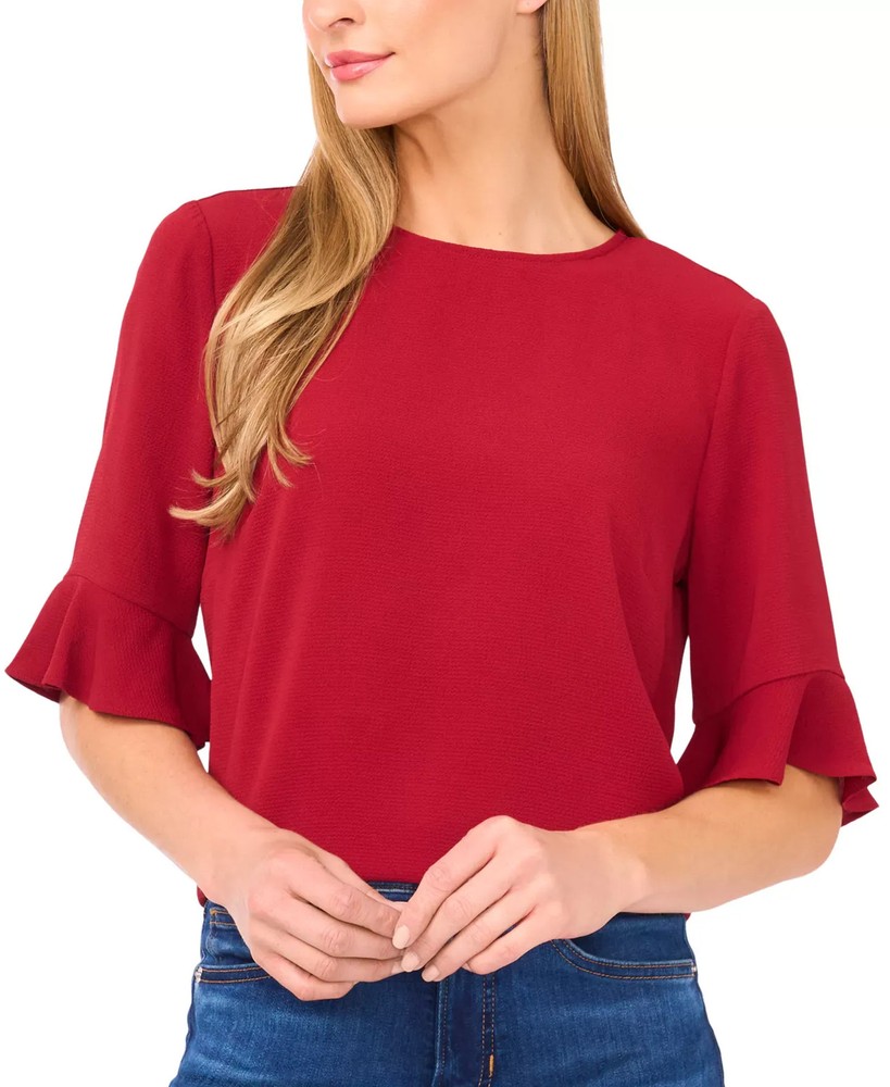 CeCe Women's Top Sz L Ruffled-Cuff 3/4-Sleeve Crew Neck