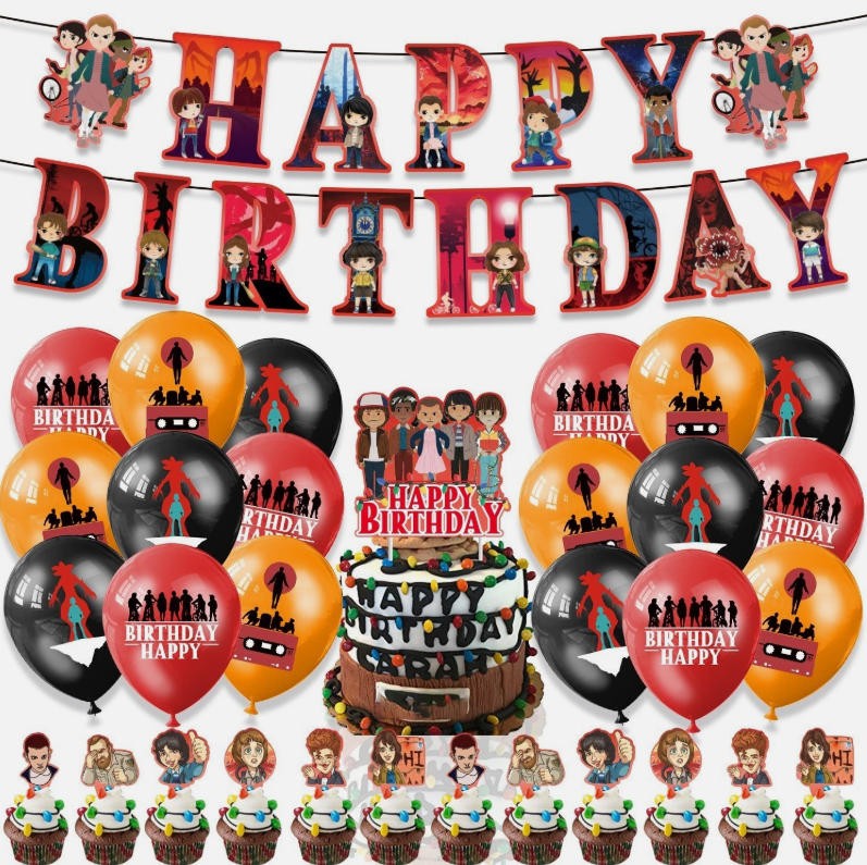 New With Banner Birthday Party Balloon Cake Topper Kid Stranger Things Decor Set