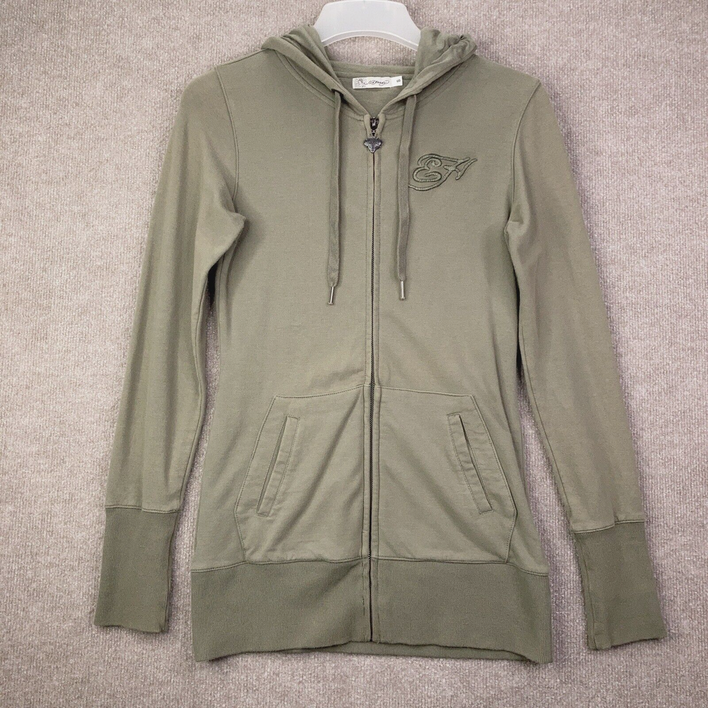 Ed Hardy Hoodie Womens Small Green Brown Full Zip Tiger Christian Audigier Y2K