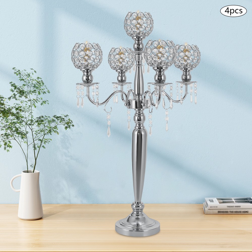 4 Pcs 5 Arm Crystal Candelabra Centerpieces Silver Candle Holder Freestanding