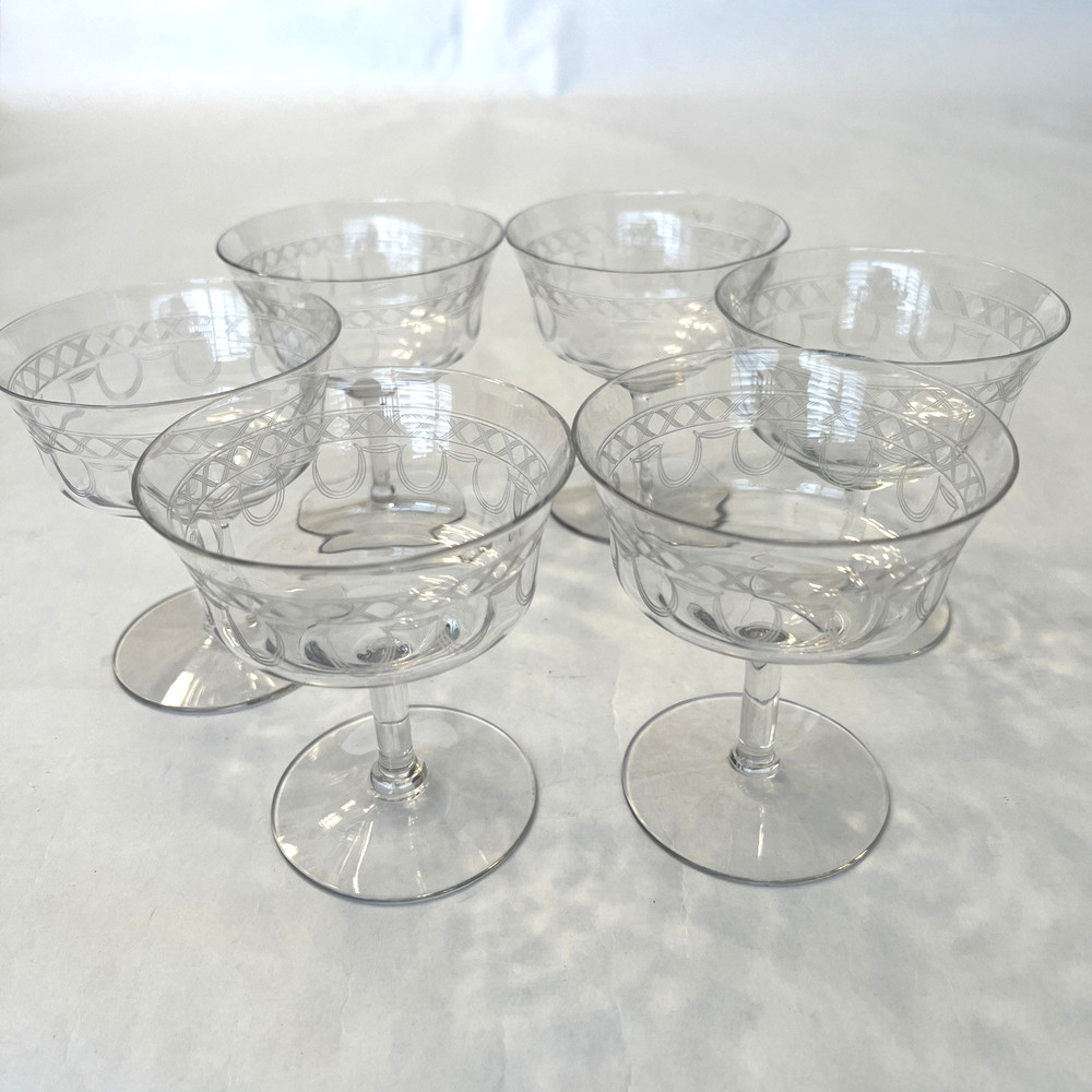 Vintage Cordial Glasses Etched Pattern Stemmed  4”H x 3.5” Round - Set Of 6
