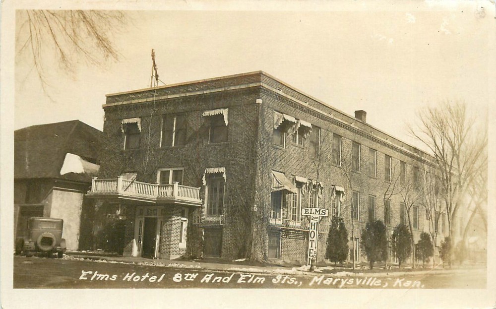 C-1915 Marysville Kansas Elms Hotel occupation autos Postcard RPPC 25-574