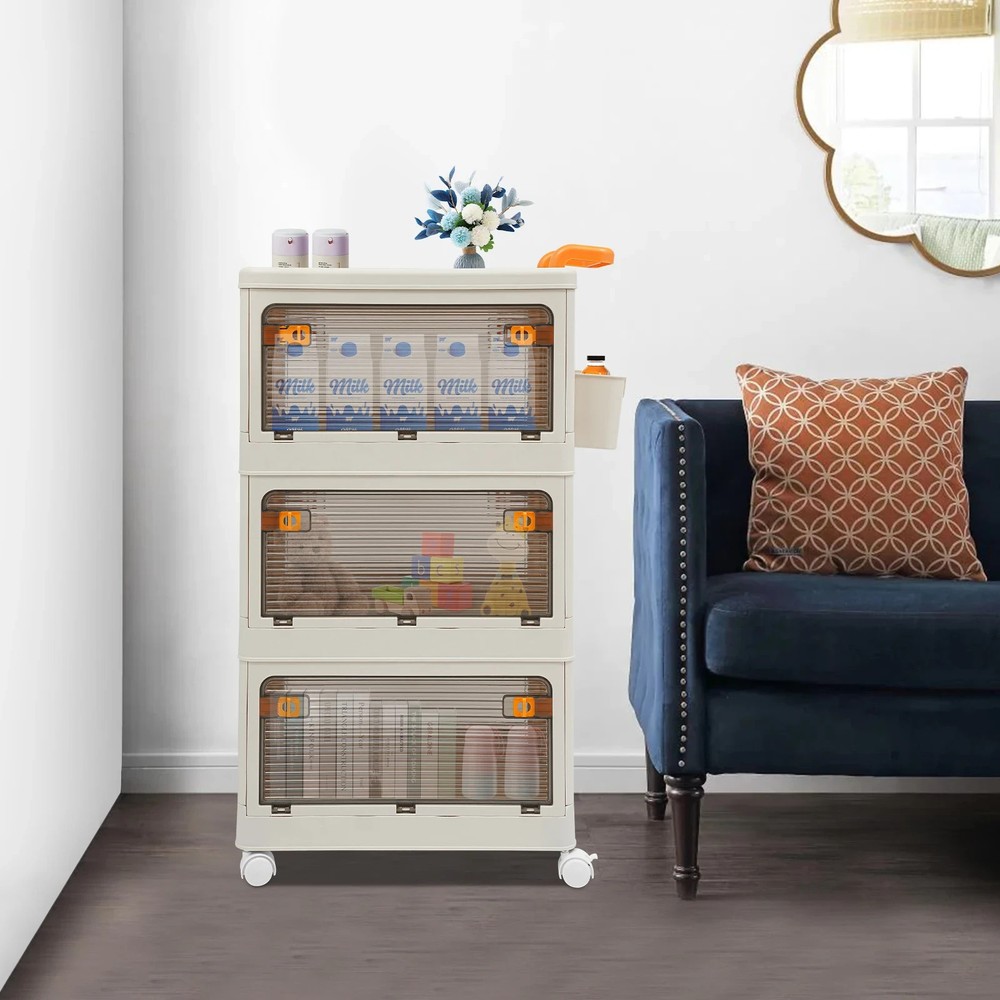3-Layer Foldable Storage Rack Cabinet Movable Storage Box Organizer