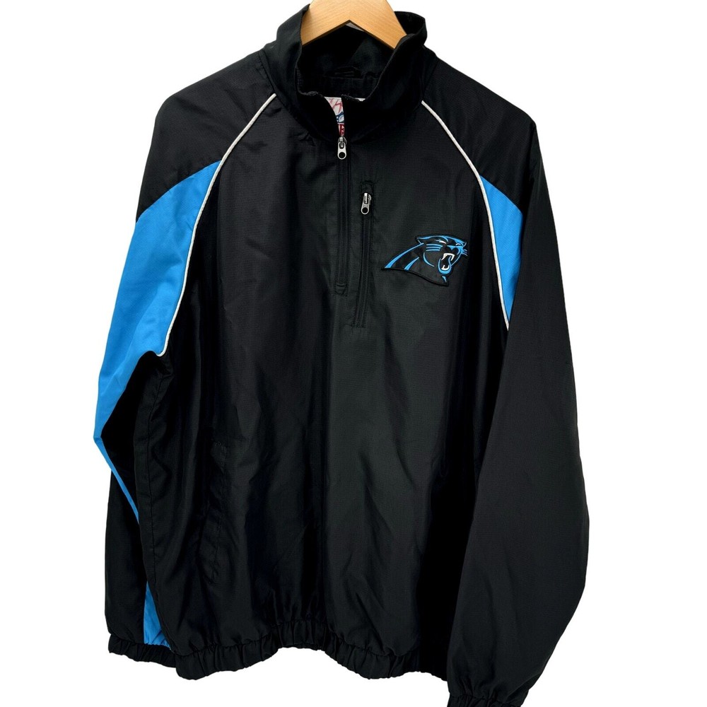 NFL Carolina Panthers Jacket Mens Large 1/4 Zip Pullover Black Blue Windbreaker
