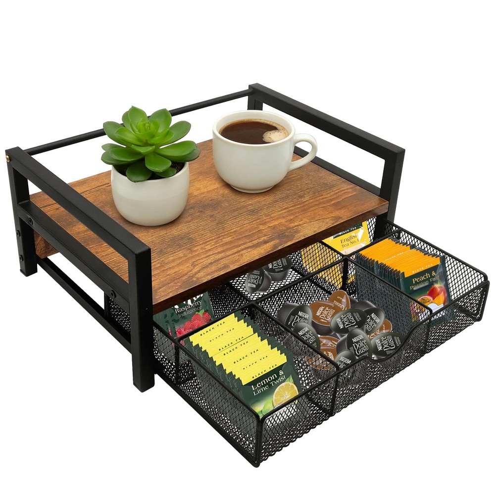 Tea Bag Organizer, Brown Wood Tea Organizer with 6 Compartments Storage Chest...