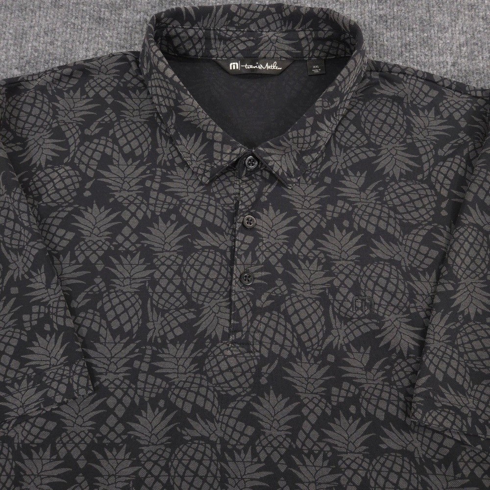 Travis Mathew Polo Shirt Mens XXL Gray Off The Cape Pineapple Hawaiian AOP Golf