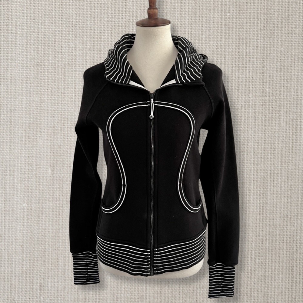 EUC Lululemon Scuba Hoodie Special Edition Sz 8 Black and Black White Stripe