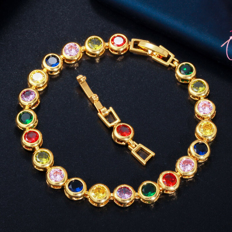 Gold Plated CZ Multicolored Women Round Tennis Bracelet Wristband Chain Jewelry