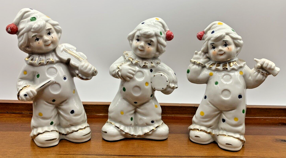 Vintage Ceramic Polka Dot Clown Figurines Lot of 3 Taiwan Band Jesters