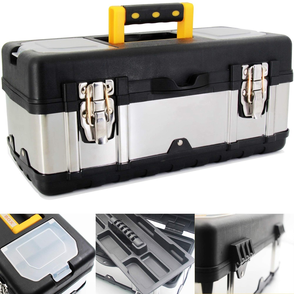 16.5-Inch Portable Lockable Tool Box in Stainless Steel and Plastic