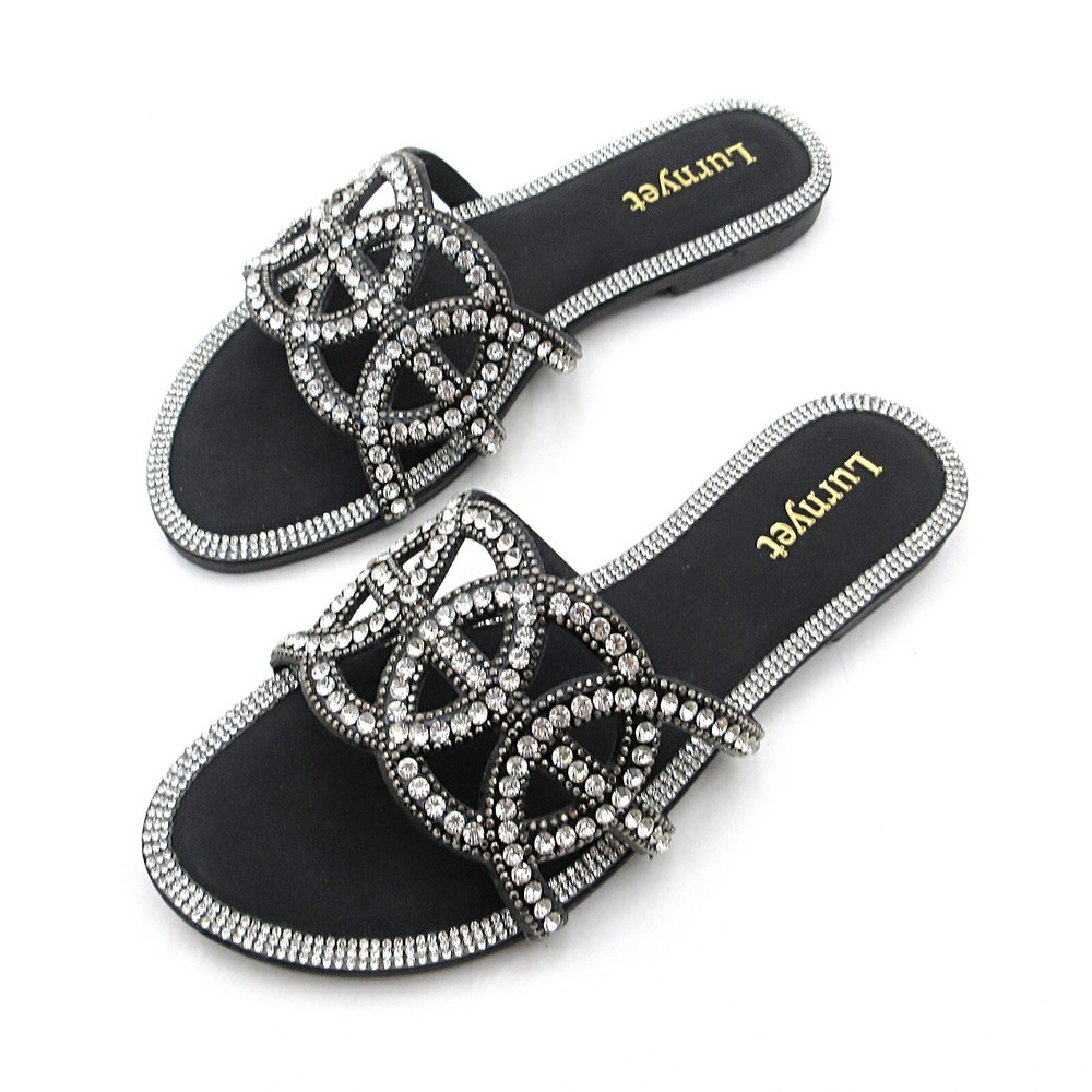 Lumyet Women's Crystal Sandals Rhinestone Embellished Slides Flat Beach Slippers