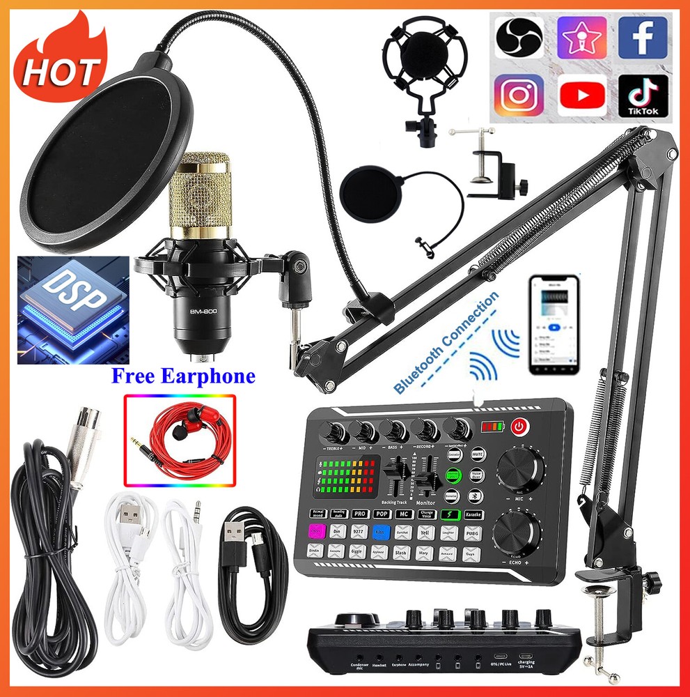 Podcast Equipment Mixer Bundle Condenser Mic W/ Sound Card Studio Recording Kit