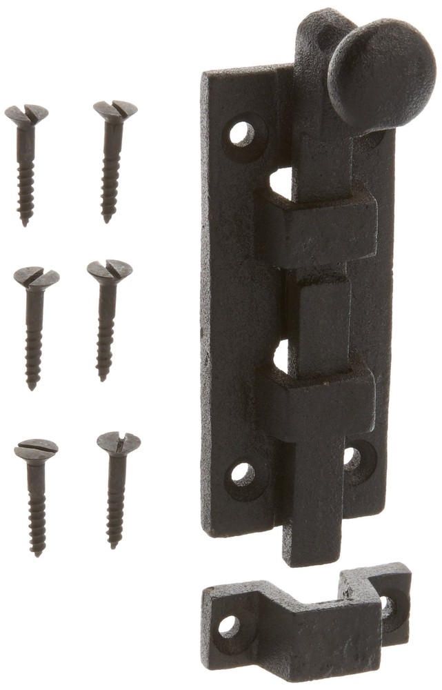Slide Bolt Latch 4 in. Black Wrought Iron Slide Bolt with Catch and Mounting ...